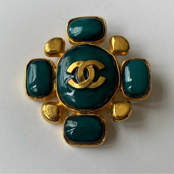 CHANEL  Brooch Glossy Teal Cross Geometric Gold Metal 97P 1997 Reworked READ!!! - Picture 3 of 14